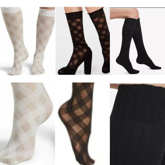 HUE Accessories - 3PK HUE Diagonal Gingham Sheer and Micro Cable-Knit Knee-High Socks Black White